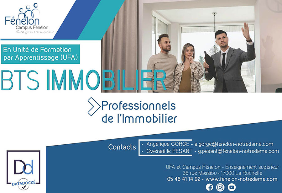 Préparé en apprentissage ou en alternance (UFA) au sein du Campus Fénelon – Enseignement supérieur de La Rochelle : le BTS Immobilier.