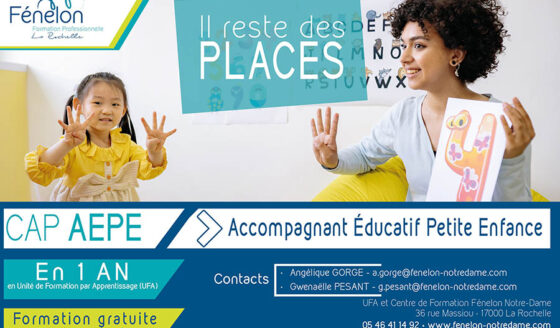 Le CAP AEPE (accompagnant éducatif petite enfance) s'obtient en un an par apprentissage au sein de l'UFA Fénelon Notre-Dame de La Rochelle.