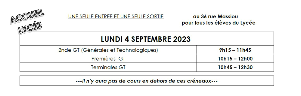 Horaires de rentrée 2023 au Lycée général et technologique Fénelon Notre-Dame de La Rochelle