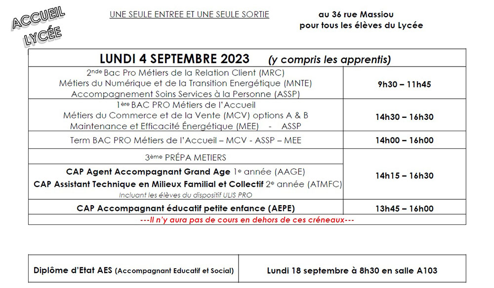 Horaires de rentrée 2023 en Lycée professionnel et en UFA à Fénelon Notre-Dame à La Rochelle