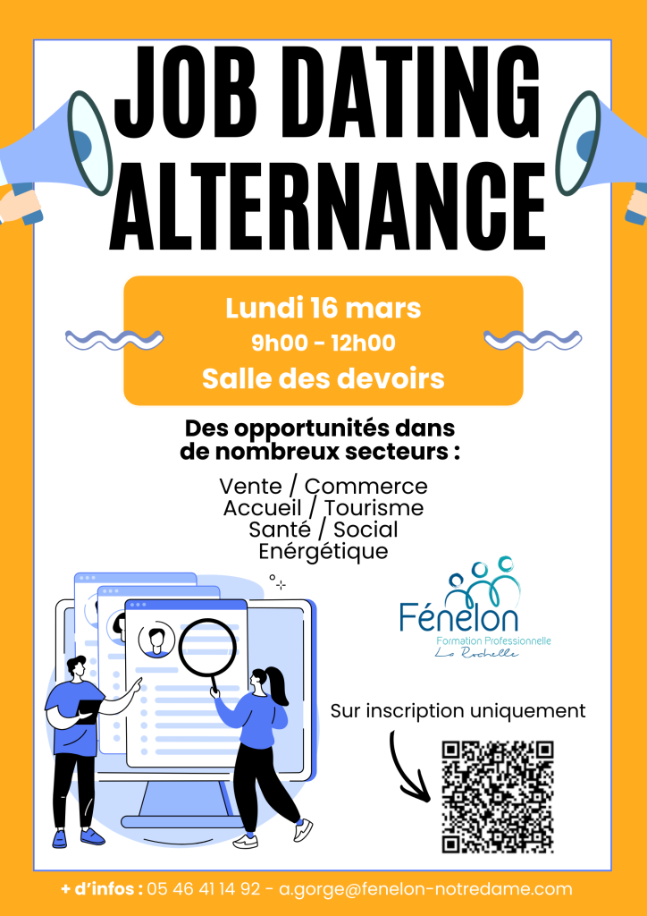 Affiche Job Dating Apprentissage 2026 de l'UFA Fénelon Notre-Dame de La Rochelle