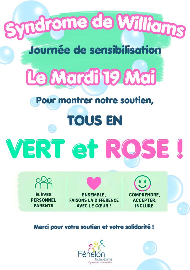 Mardi 19 mai 2026, l’école primaire Fénelon Notre-Dame de La Rochelle se mobilise pour une journée de sensibilisation au Syndrome de Williams et Beuren.